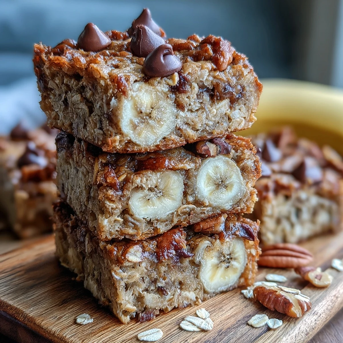 Golden-brown baked oatmeal bars studded with chocolate chips, resting on a white plate next to a half-peeled banana.