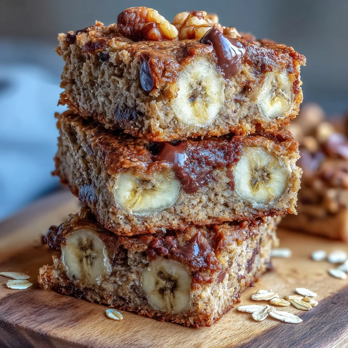 Homemade vegan baked oatmeal bars sliced into squares, drizzled with maple syrup and ready for a healthy breakfast.