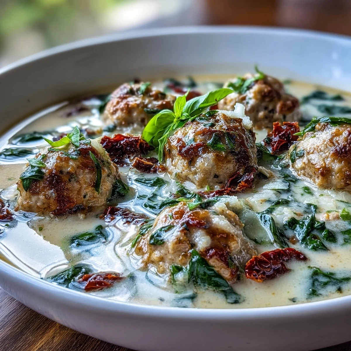 Creamy Tuscan Turkey Meatball Soup served in a rustic bowl, garnished with fresh basil leaves and extra Parmesan cheese.