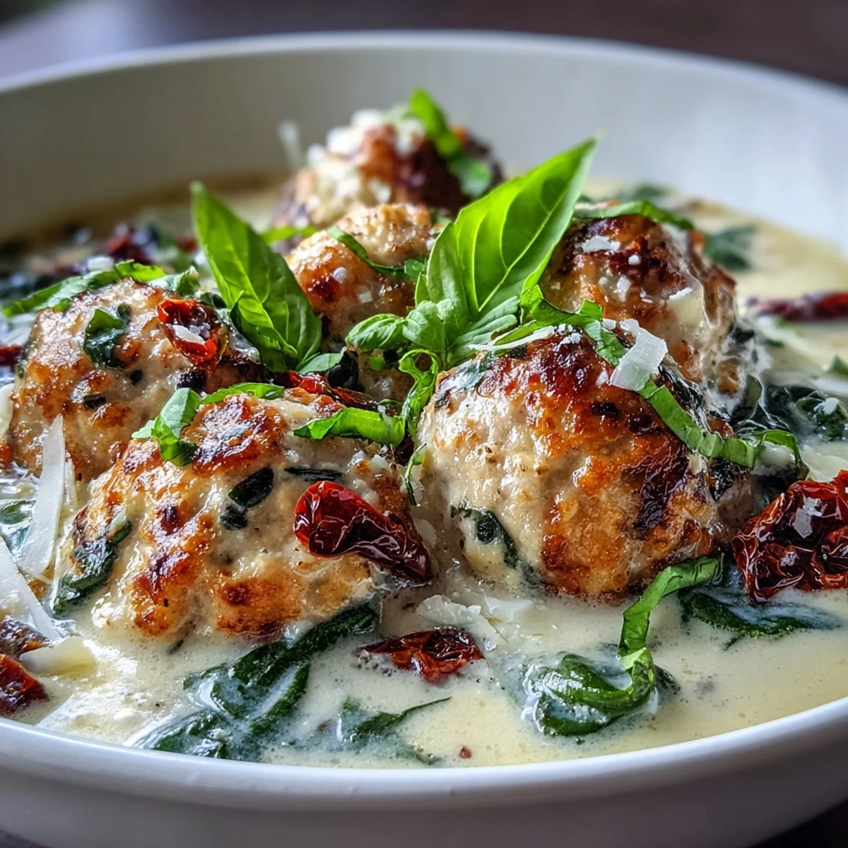 Tender turkey meatballs simmer in a garlic Parmesan broth with wilted spinach and chopped sun-dried tomatoes in this Creamy Tuscan Turkey Meatball Soup.