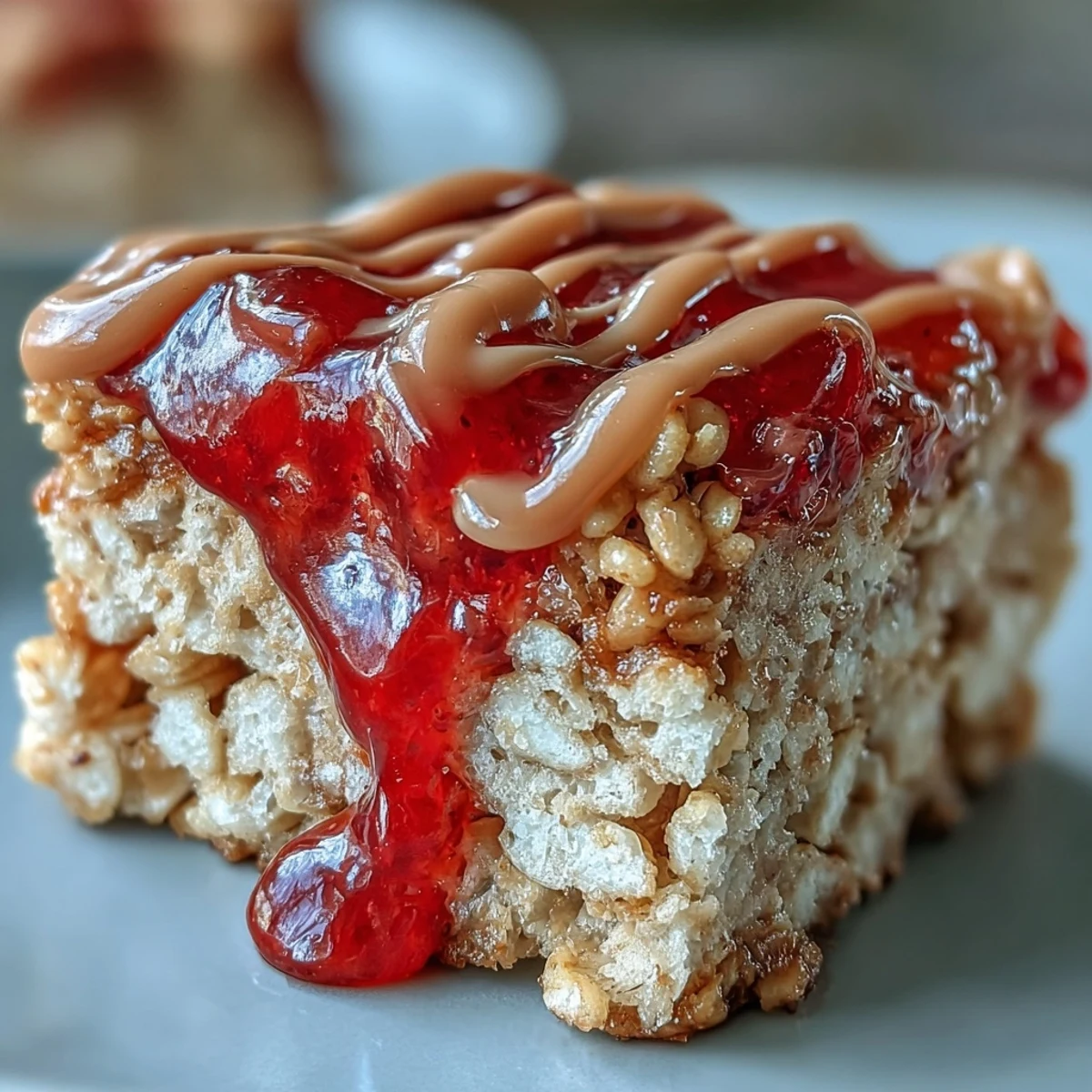 A close-up of High-Protein PB&J Rice Krispie Bars with a hand lifting a piece, revealing the crispy cereal base.