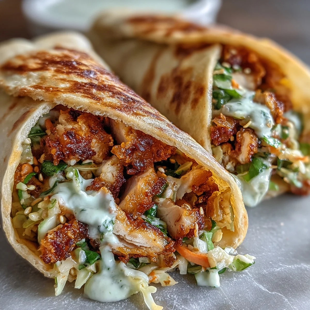 Crispy KFC Turkey Snack Wraps are stuffed with golden fried turkey, spicy gochujang slaw, and creamy ranch in a warm flour tortilla.