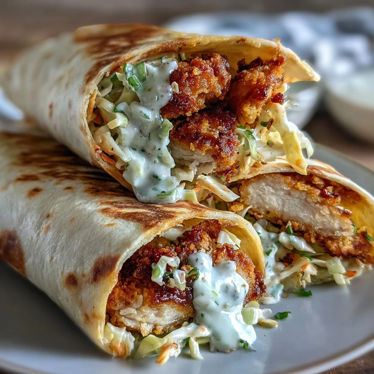 Four Crispy KFC Turkey Snack Wraps are plated with extra ranch drizzle, fresh cilantro, and a side of tangy Korean slaw for dipping.