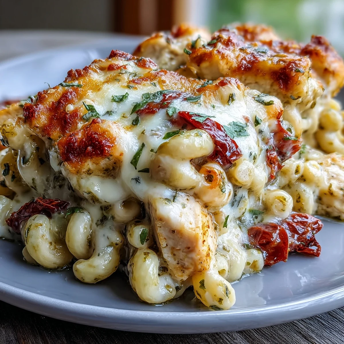 Golden-brown chicken simmering in a rich tomato and pesto sauce with elbow macaroni and sun-dried tomatoes in a rustic Dutch oven.