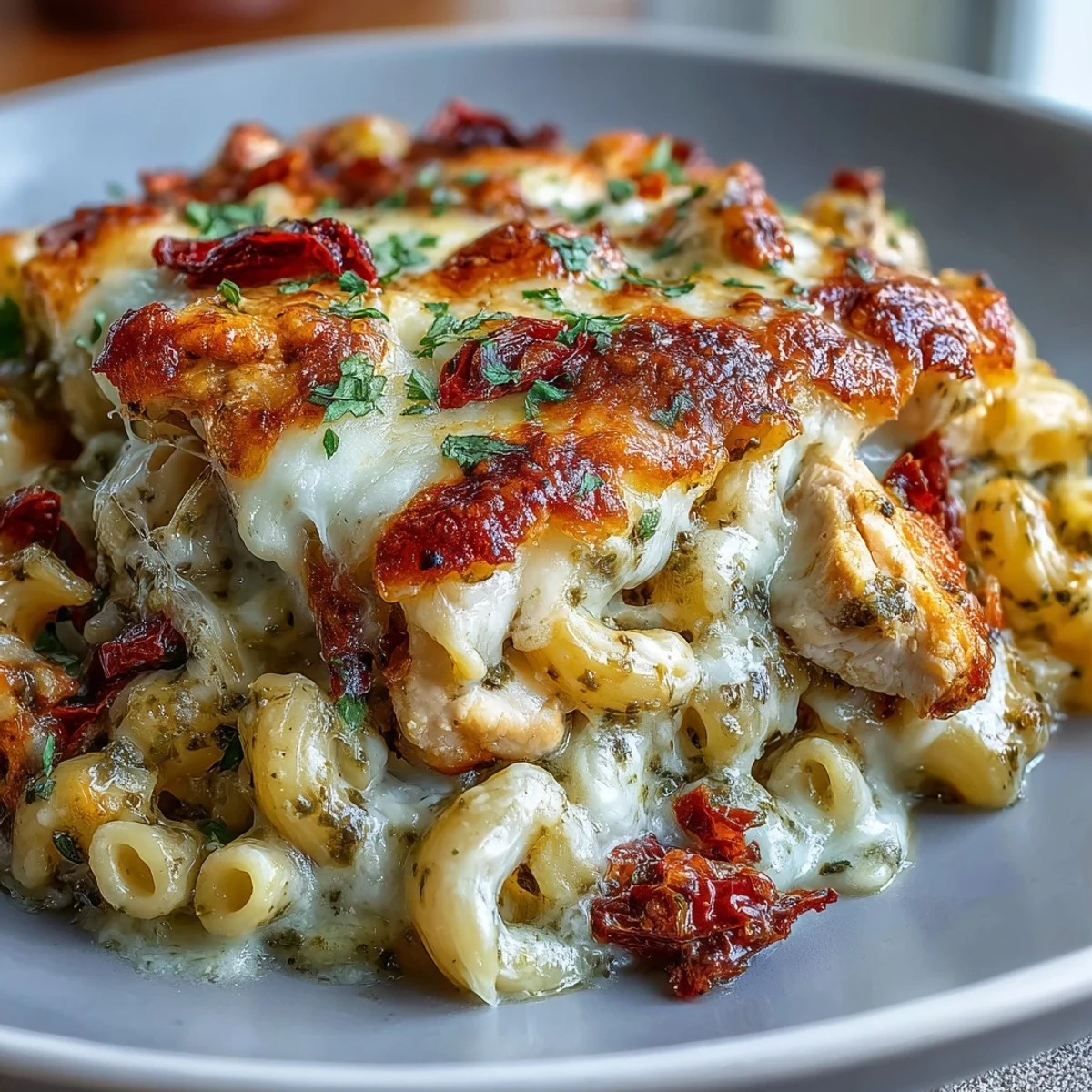 A close-up of Pesto Chicken Chili Mac in a white bowl, topped with melted mozzarella and fresh basil, ready to serve.