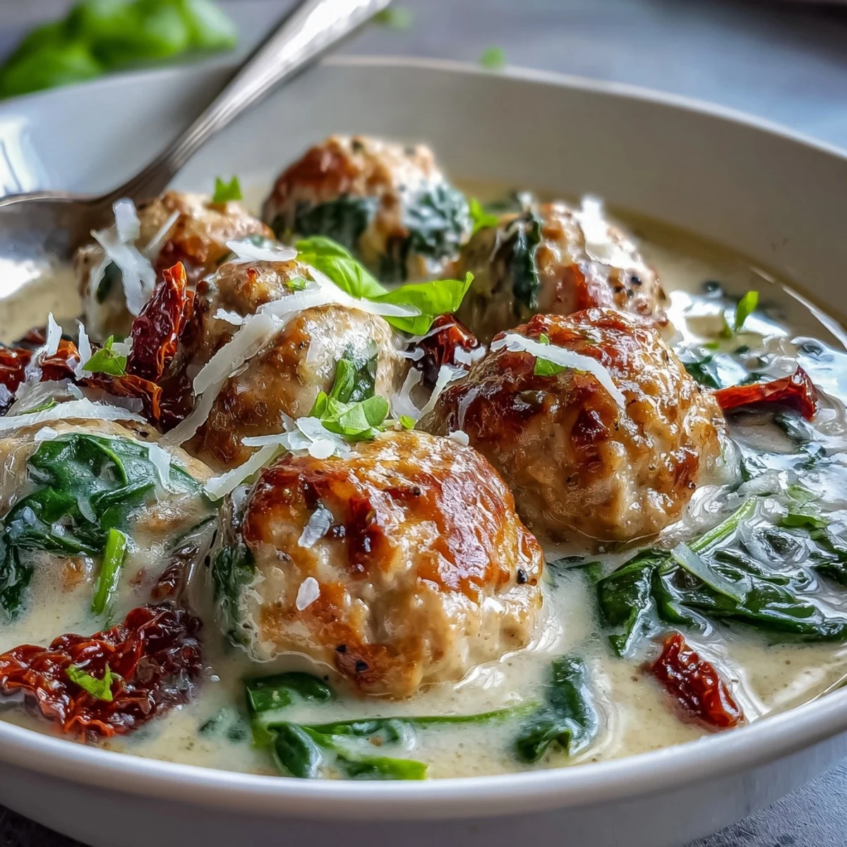 Creamy Tuscan Turkey Meatball Soup ladled into a rustic bowl, showing tender meatballs, wilted spinach, and sun-dried tomatoes in a creamy broth.