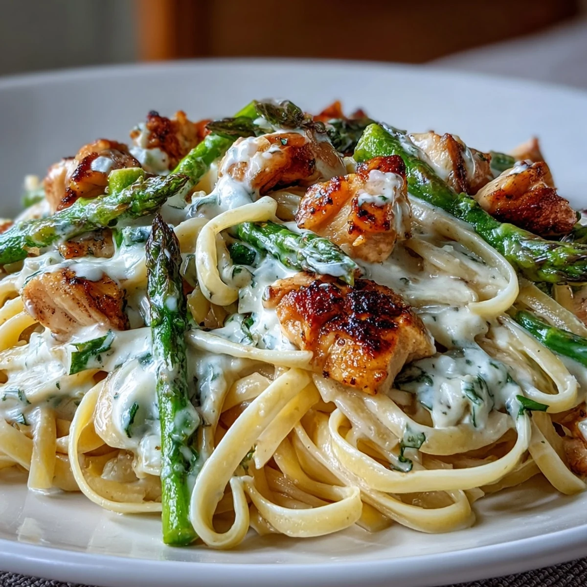 A rustic wooden table holds Creamy Asiago Chicken & Asparagus Pasta garnished with fresh parsley and cheese.