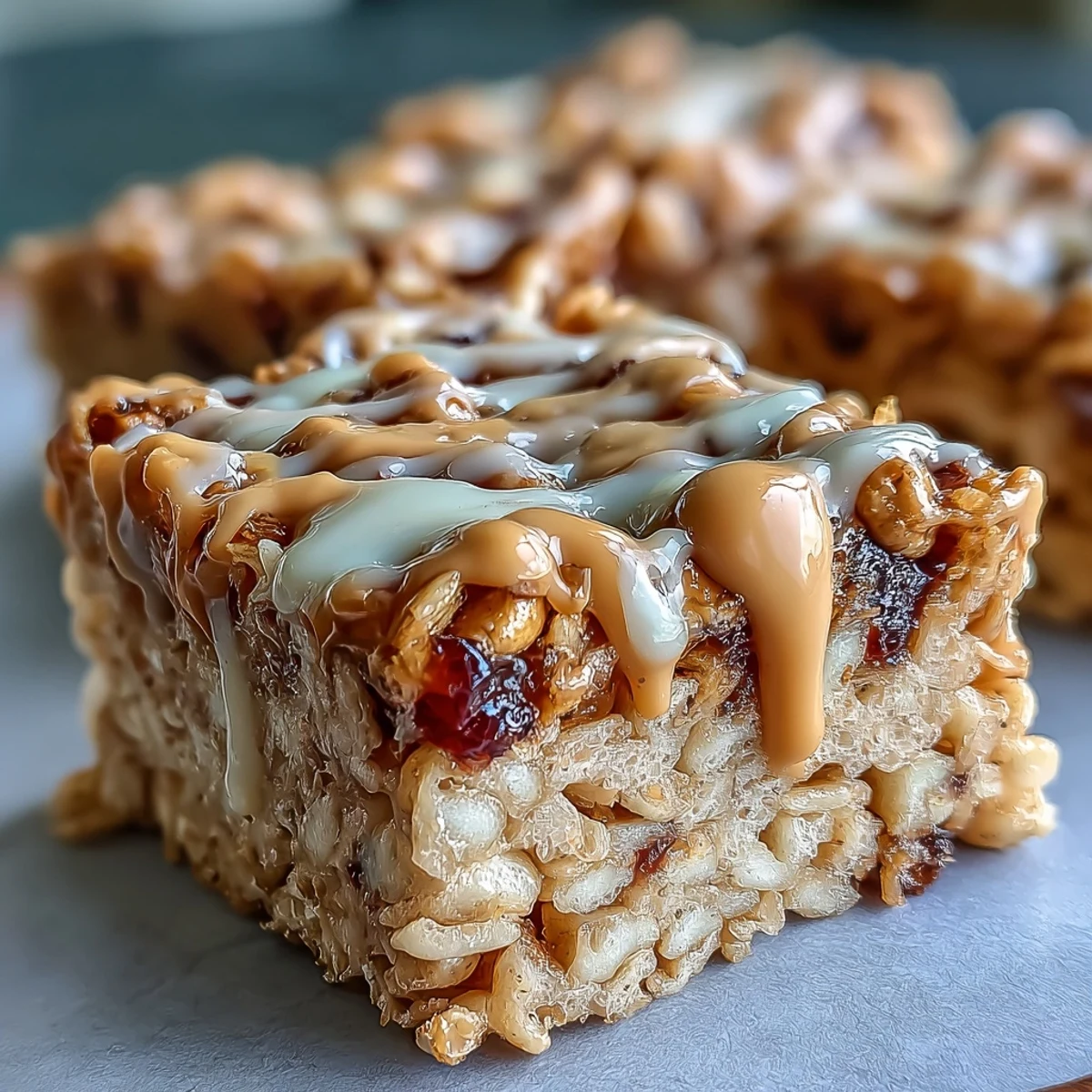 A bite-sized piece of High-Protein PB&J Rice Krispie Bars is lifted on a fork, revealing a chewy marshmallow center.