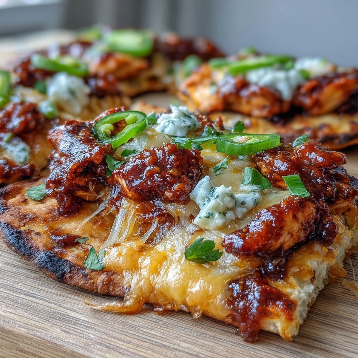 Golden, bubbly cheddar cheese melts over spicy jalapeños and shredded chicken on garlic naan, drizzled with creamy sour cream.