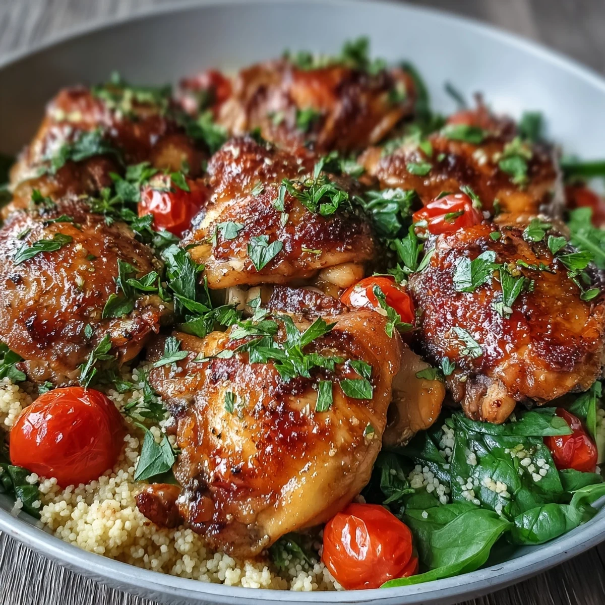 Golden-brown One-Pan Garlic Butter Chicken Couscous served with fresh lemon wedges in a rustic skillet.