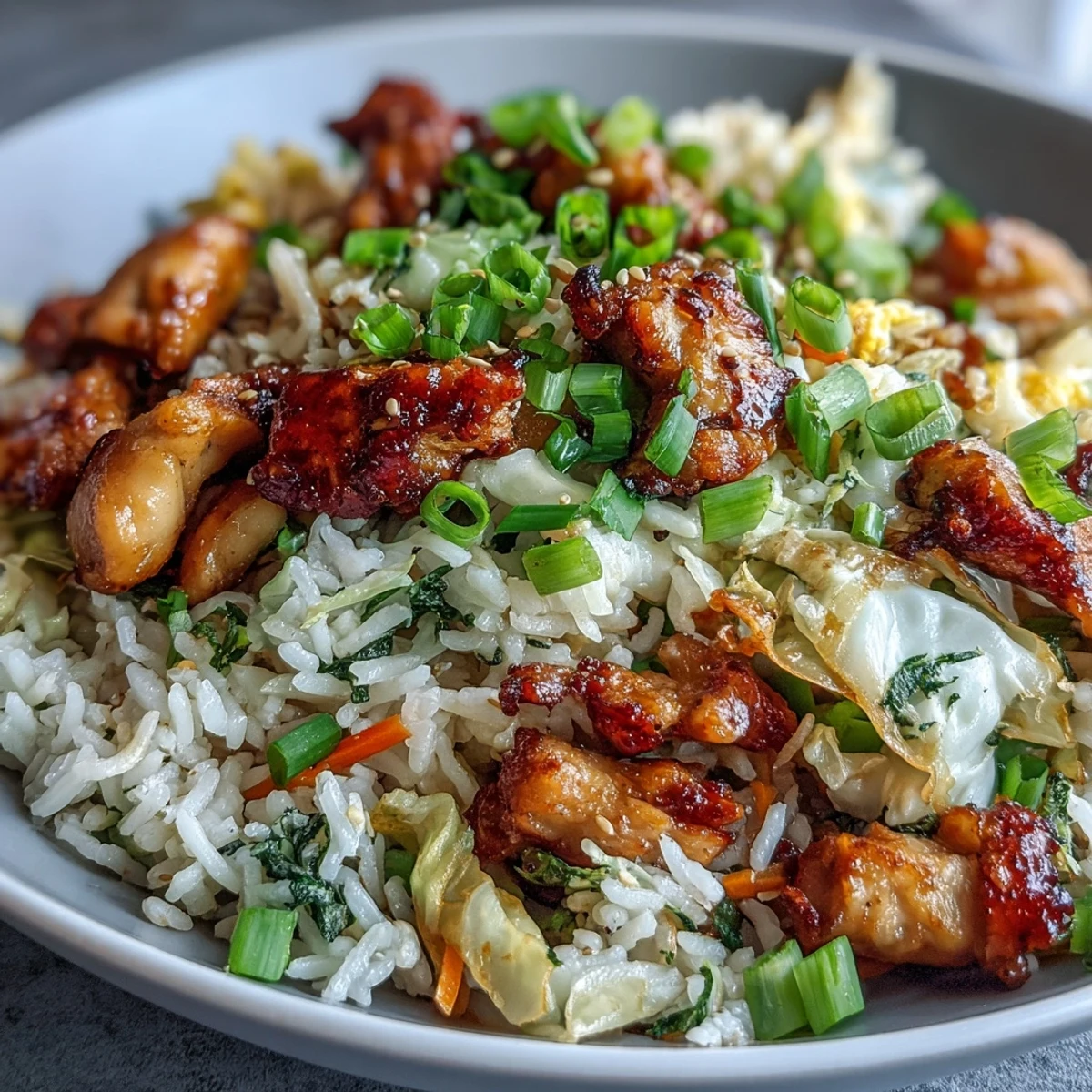 Freshly cooked Egg Roll Fried Rice with Chicken features tender chicken, crisp cabbage and carrots, and fluffy rice tossed in a savory sauce. 