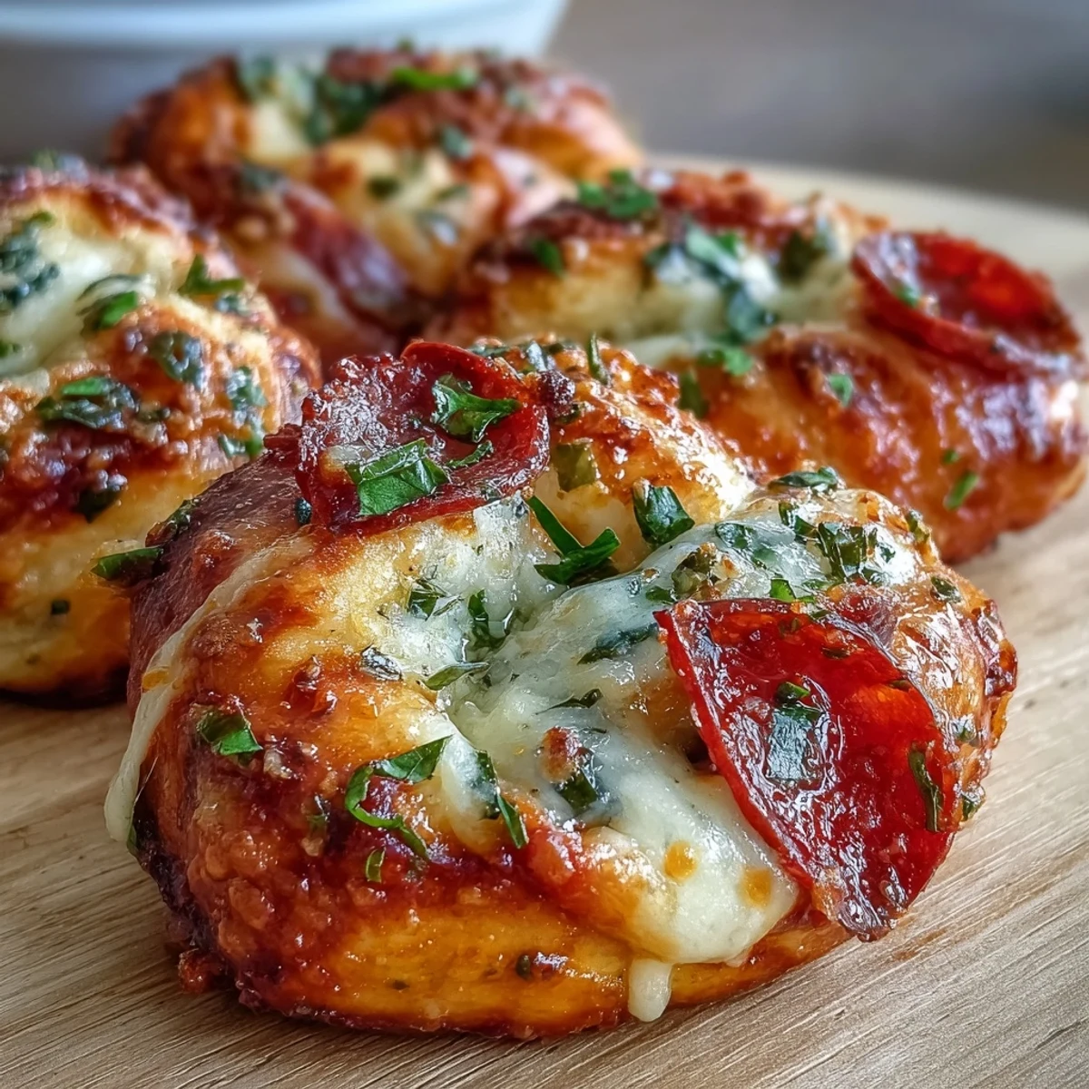 Savory Pizza Roll Stuffed Garlic Knots with gooey cheese and pepperoni, served warm with a side of marinara for dipping.