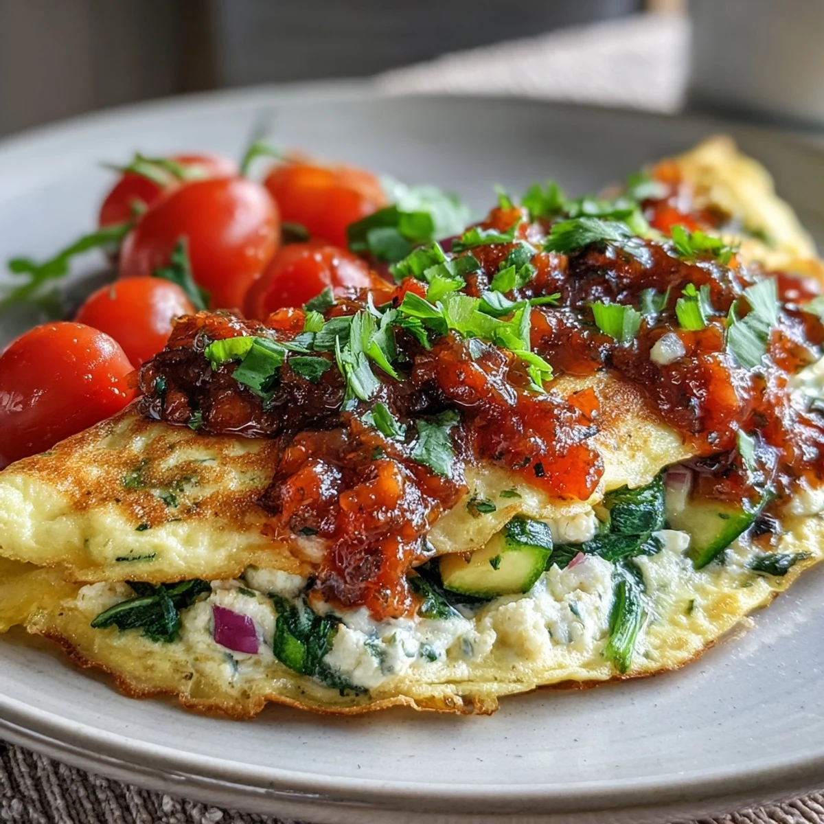 Golden-brown edges of a healthy egg white omelette filled with zucchini and cherry tomatoes on a plate.