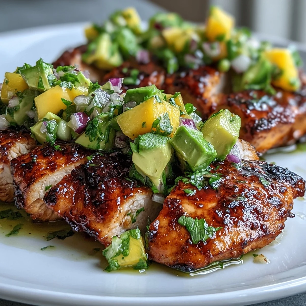 Grilled chicken with mango avocado salsa plated beside charred corn and a colorful summer salad.