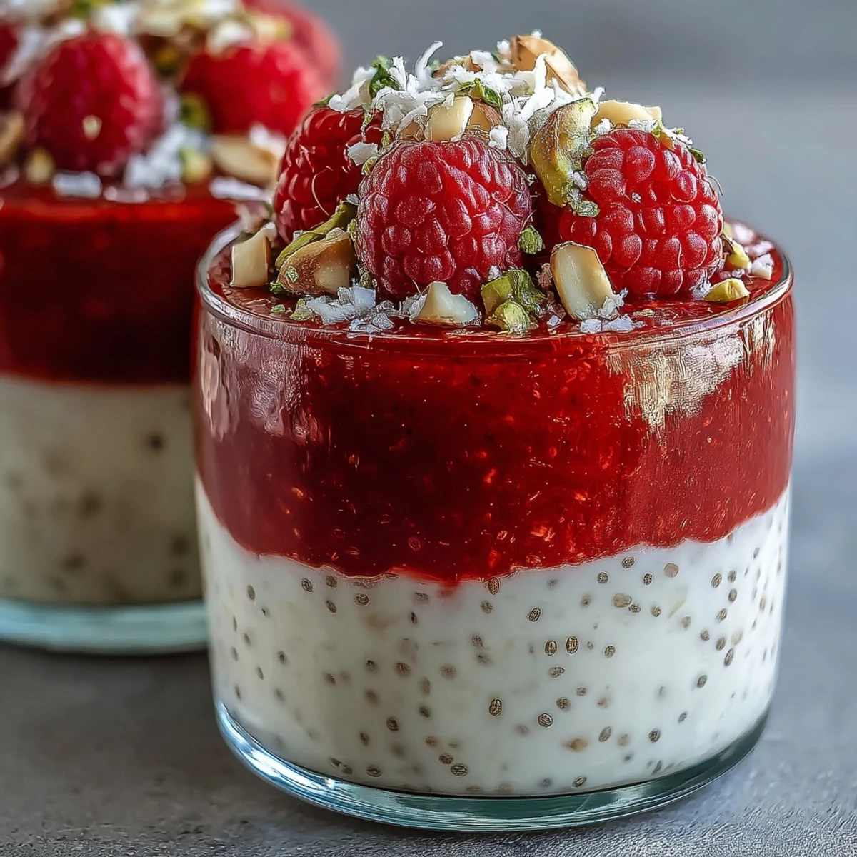 Healthy Vegan Raspberry Coconut Chia Parfaits garnished with mint leaves, perfect for a refreshing breakfast or dessert.