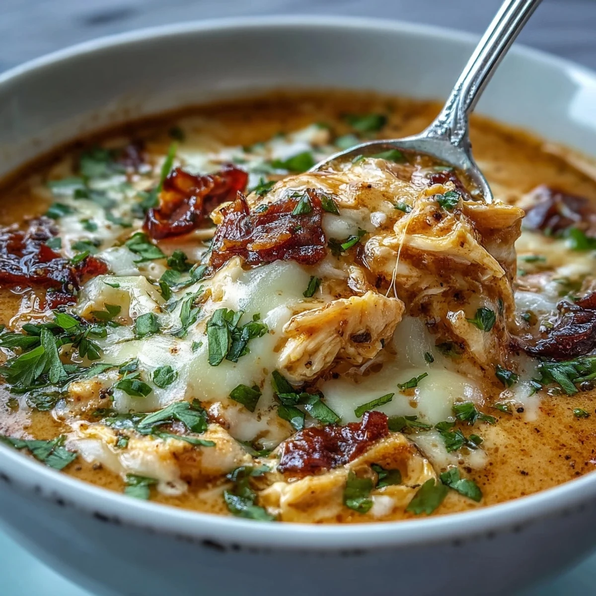 A ladle lifts a rich serving of Keto Creamy Chicken Enchilada Soup, revealing creamy texture and tender chicken shreds.