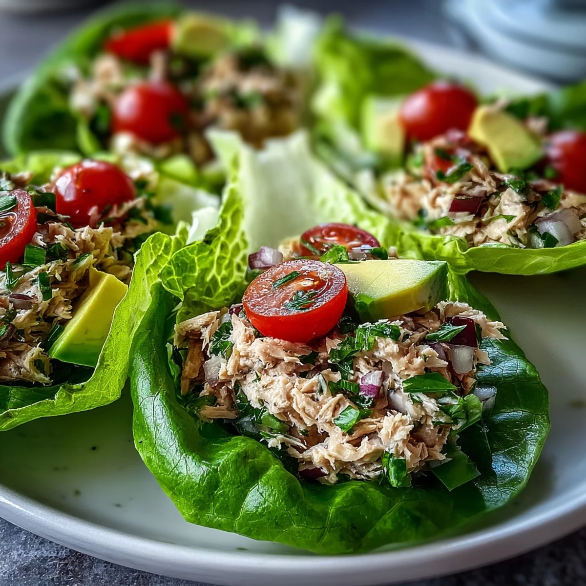 A vibrant platter of High-Protein Tuna Salad Lettuce Cups garnished with fresh parsley and lemon wedges.
