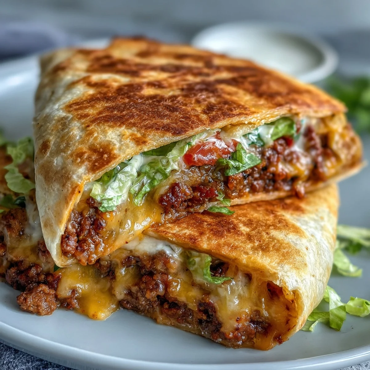 Melty cheddar and crunchy pork rinds peek from a golden keto tortilla wrap filled with seasoned beef.