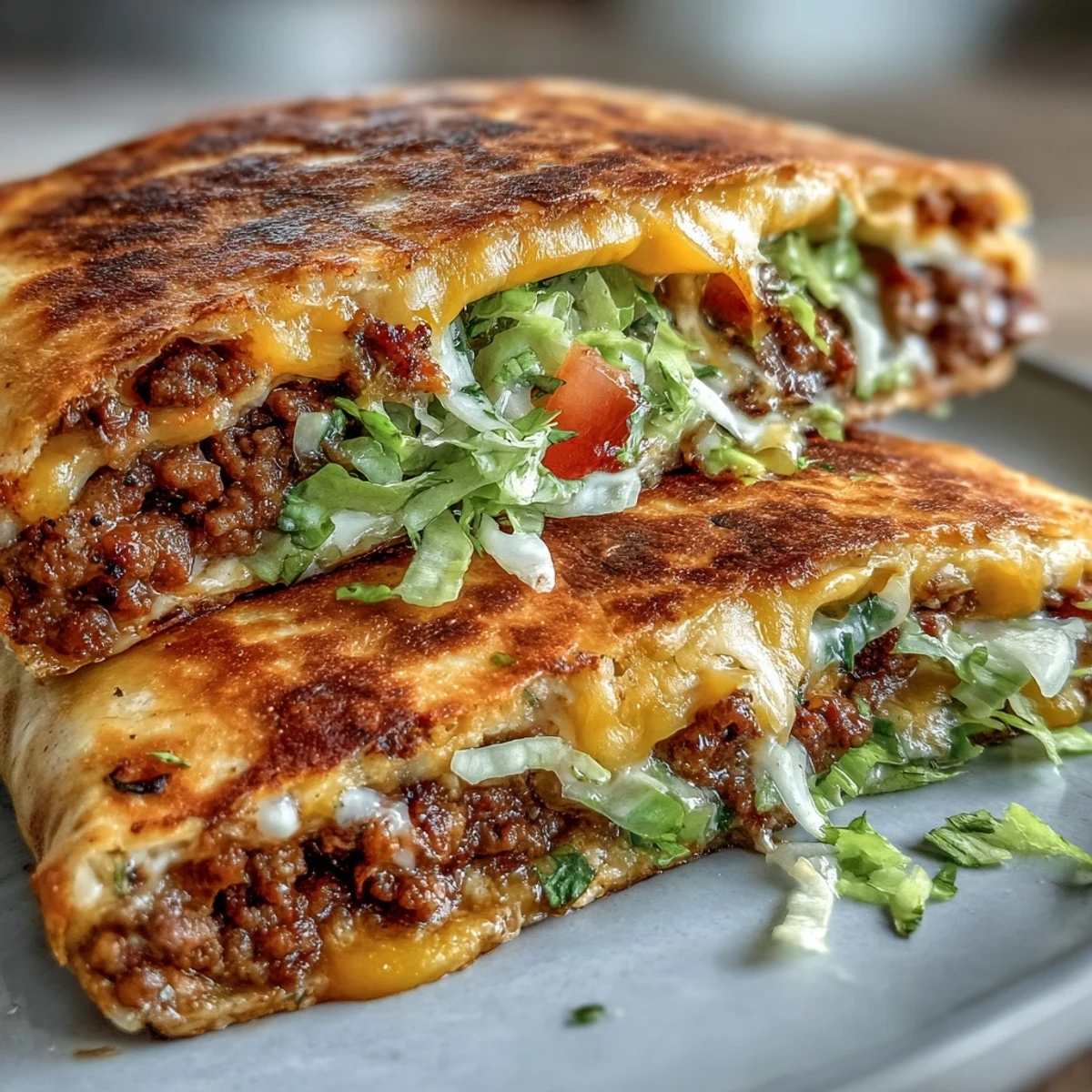 Freshly cooked Keto Taco Bell Copycat Crunchwrap on a plate with sour cream and diced tomatoes nearby.