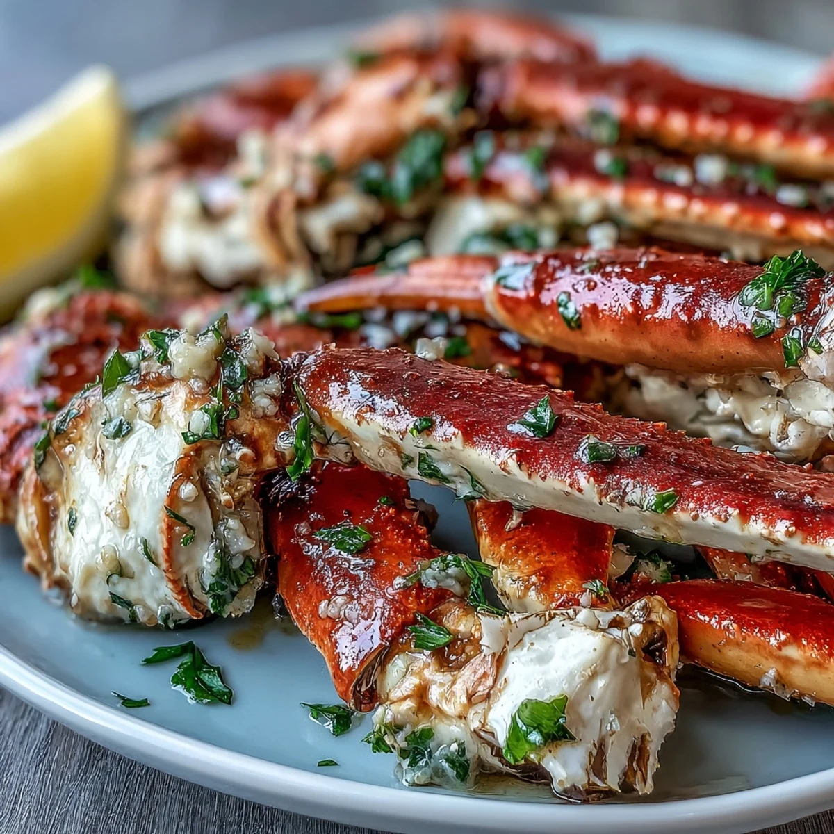 Golden garlic butter glazed Keto Garlic Butter Crab Legs garnished with parsley served alongside vibrant lemon wedges. 