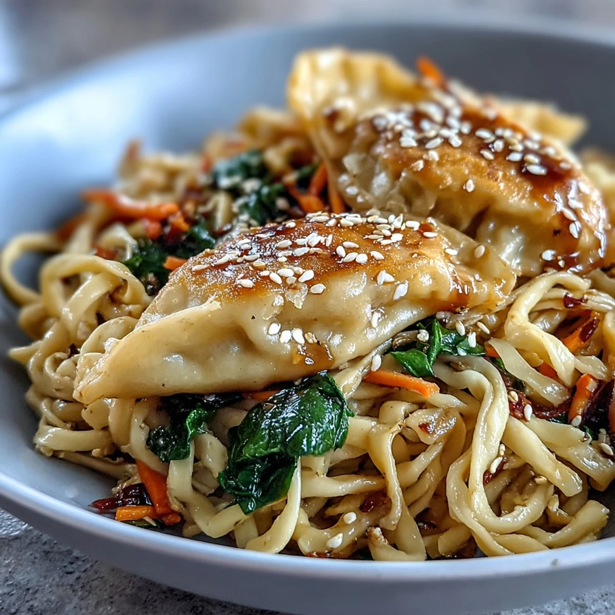 Hot Potsticker Noodle Bowls with colorful stir-fried vegetables and savory garlicky soy sauce.