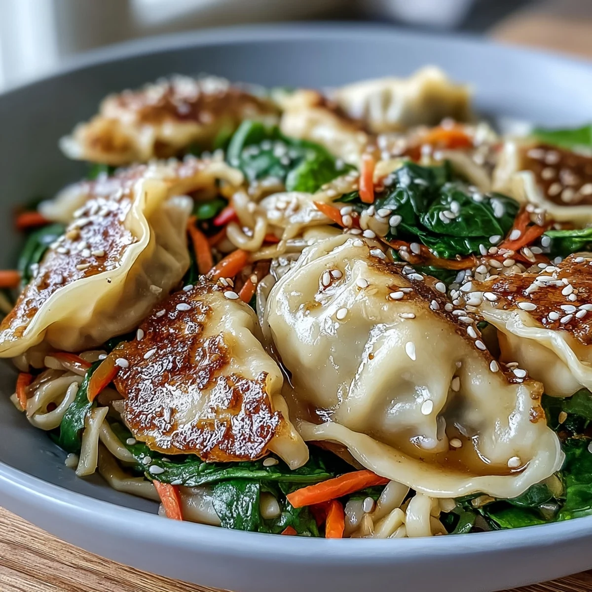 Quick Potsticker Noodle Bowls served in a skillet, garnished with green onions and sesame seeds.