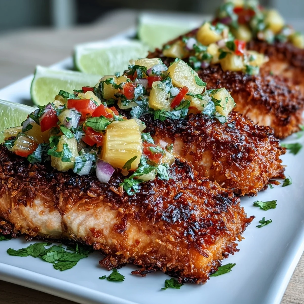 Perfectly seared coconut crusted salmon served with vibrant pineapple salsa and a lime wedge for a tropical dinner.