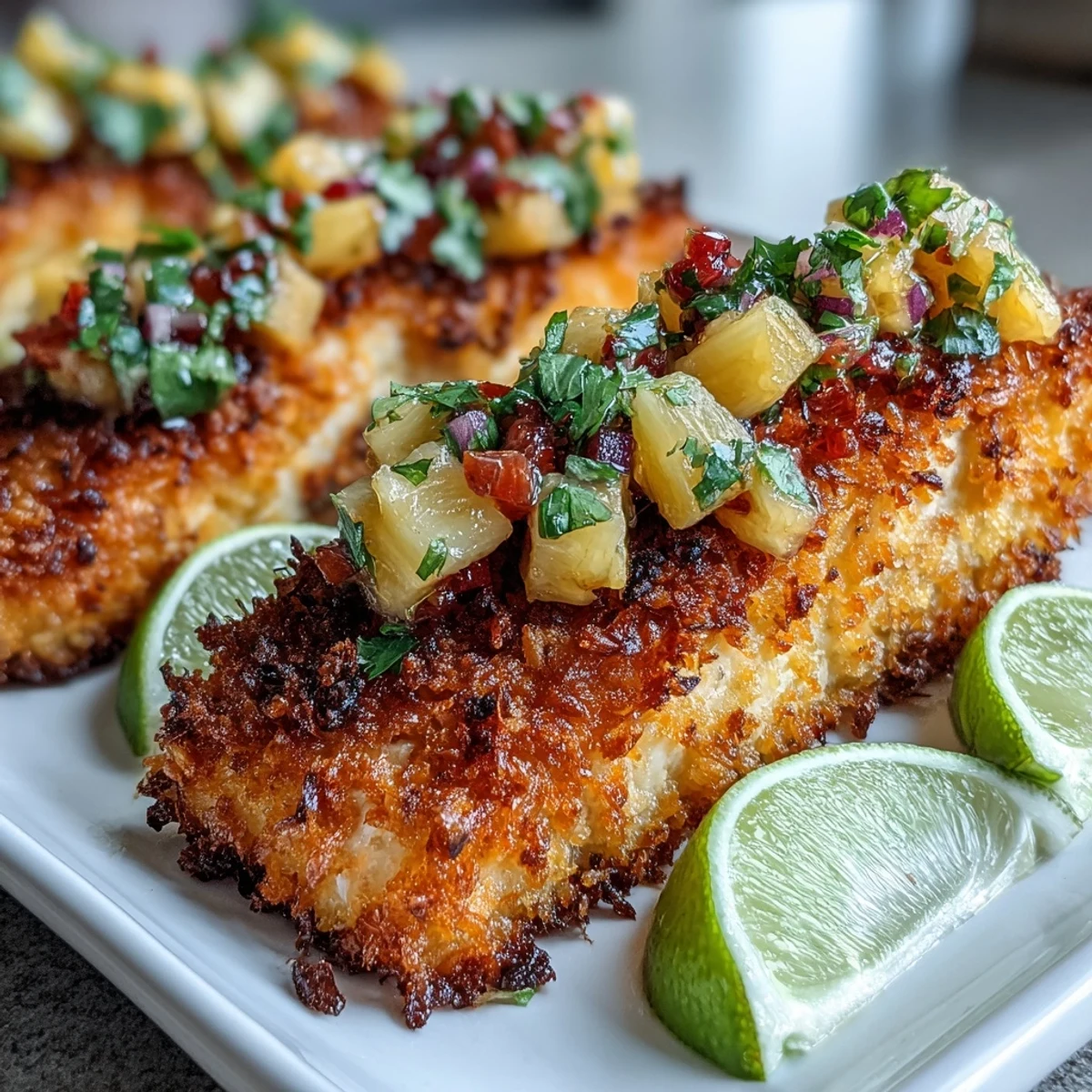 Close-up of crispy coconut crusted salmon fillet next to a colorful bowl of pineapple salsa and fresh cilantro.