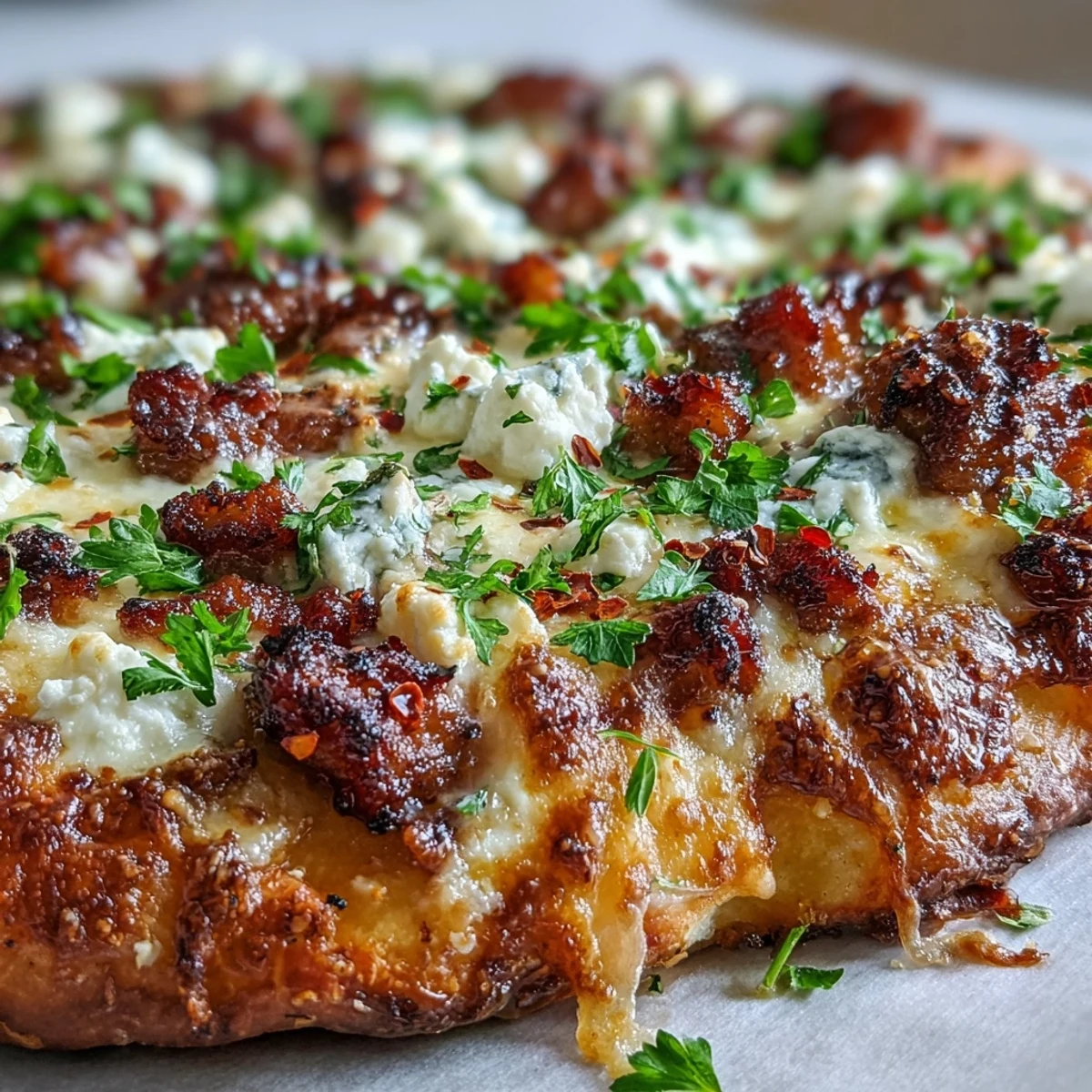 Hot Sausage Feta Honey Pizza with golden crust, spicy crumbled sausage, creamy feta, and a glistening hot honey drizzle on a wooden cutting board. 