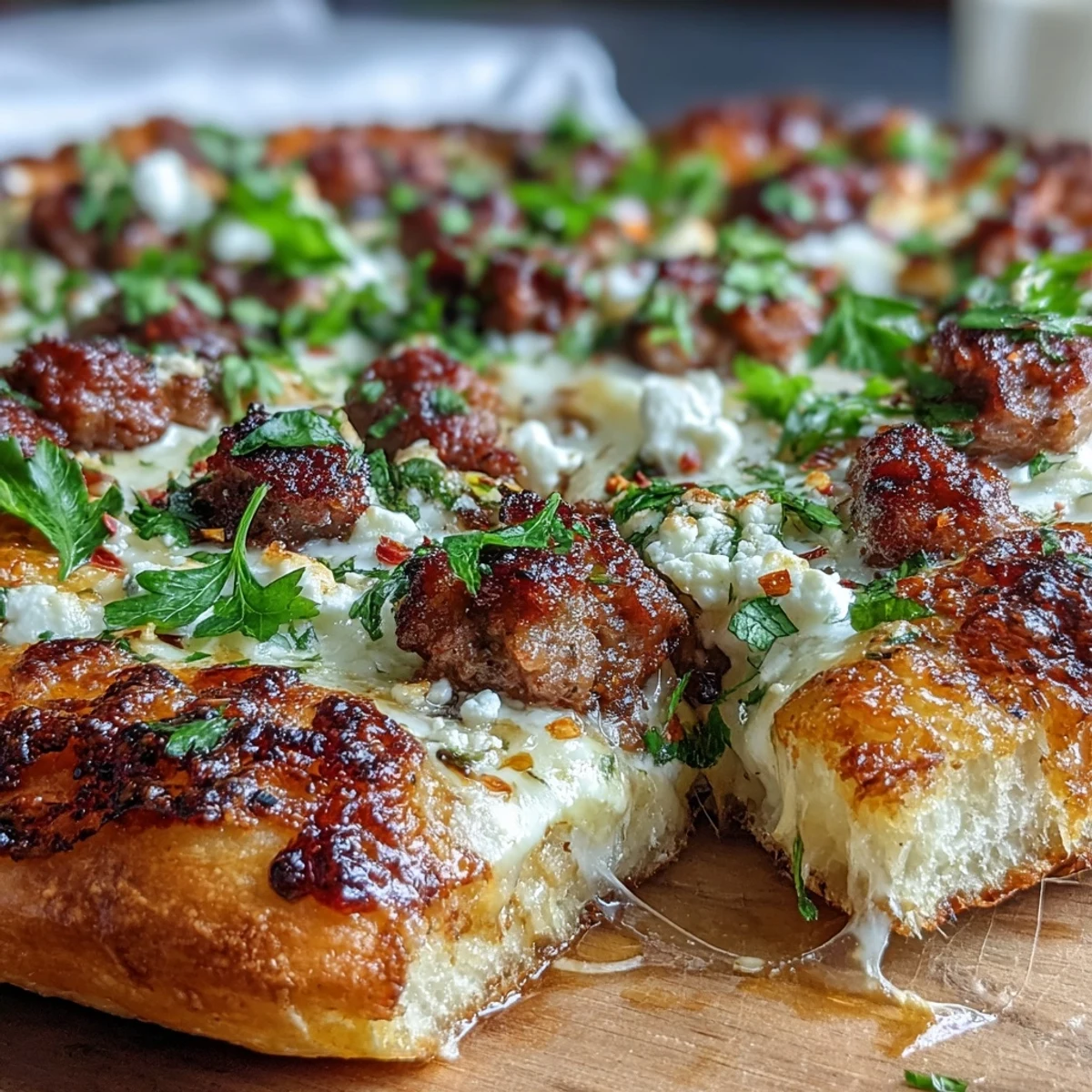 A Close-up of fresh herbs garnishing a Hot Sausage Feta Honey Pizza, showcasing rich feta crumbles and a sweet-hot honey glaze.