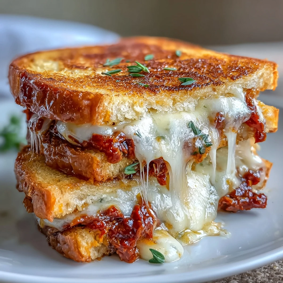 A golden grilled cheese sandwich oozing with sun-dried tomato pesto and melted mozzarella, served hot from the skillet.