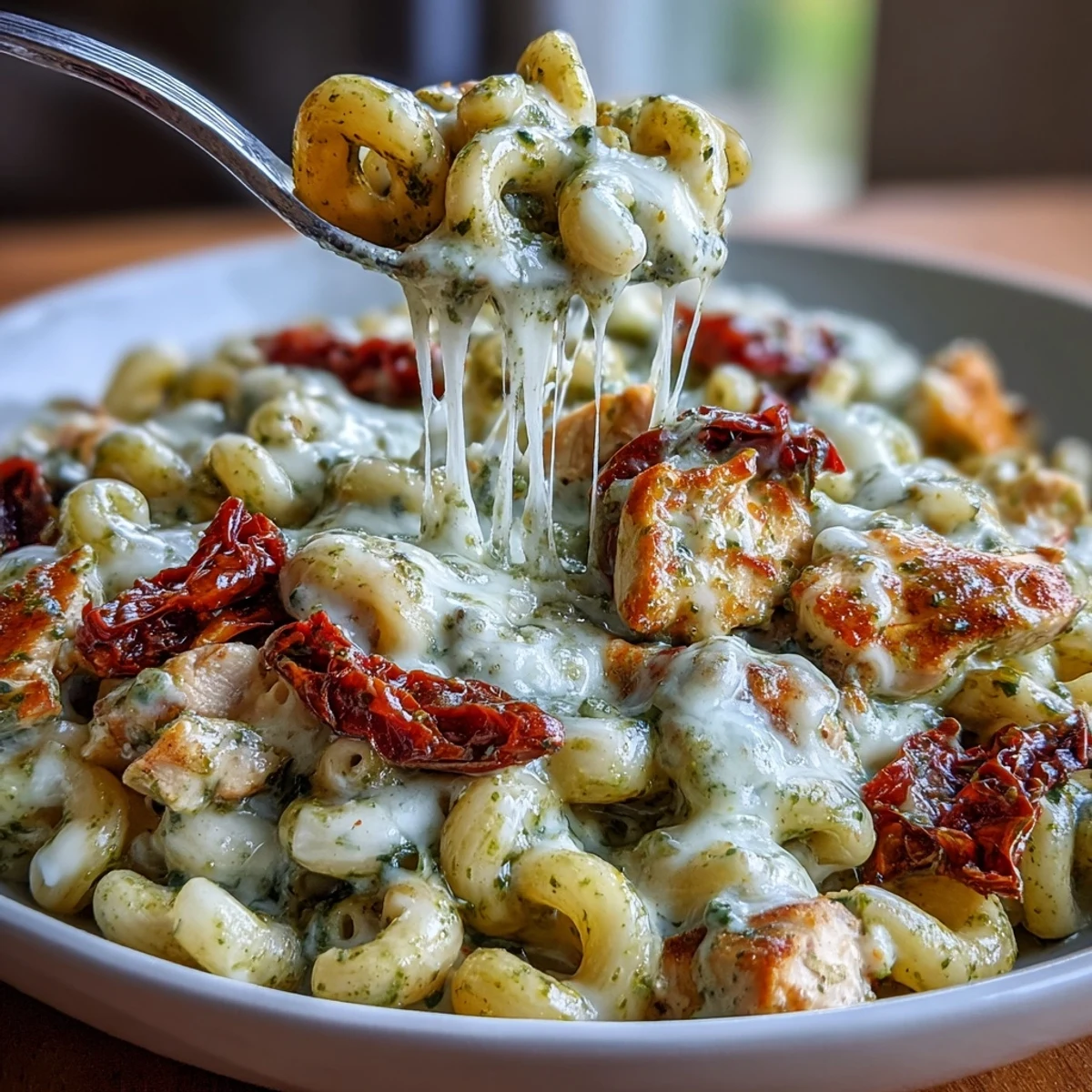 Creamy pesto chicken chili mac with tender chicken, sun-dried tomatoes, and gooey mozzarella in a comforting one-pot dish.  