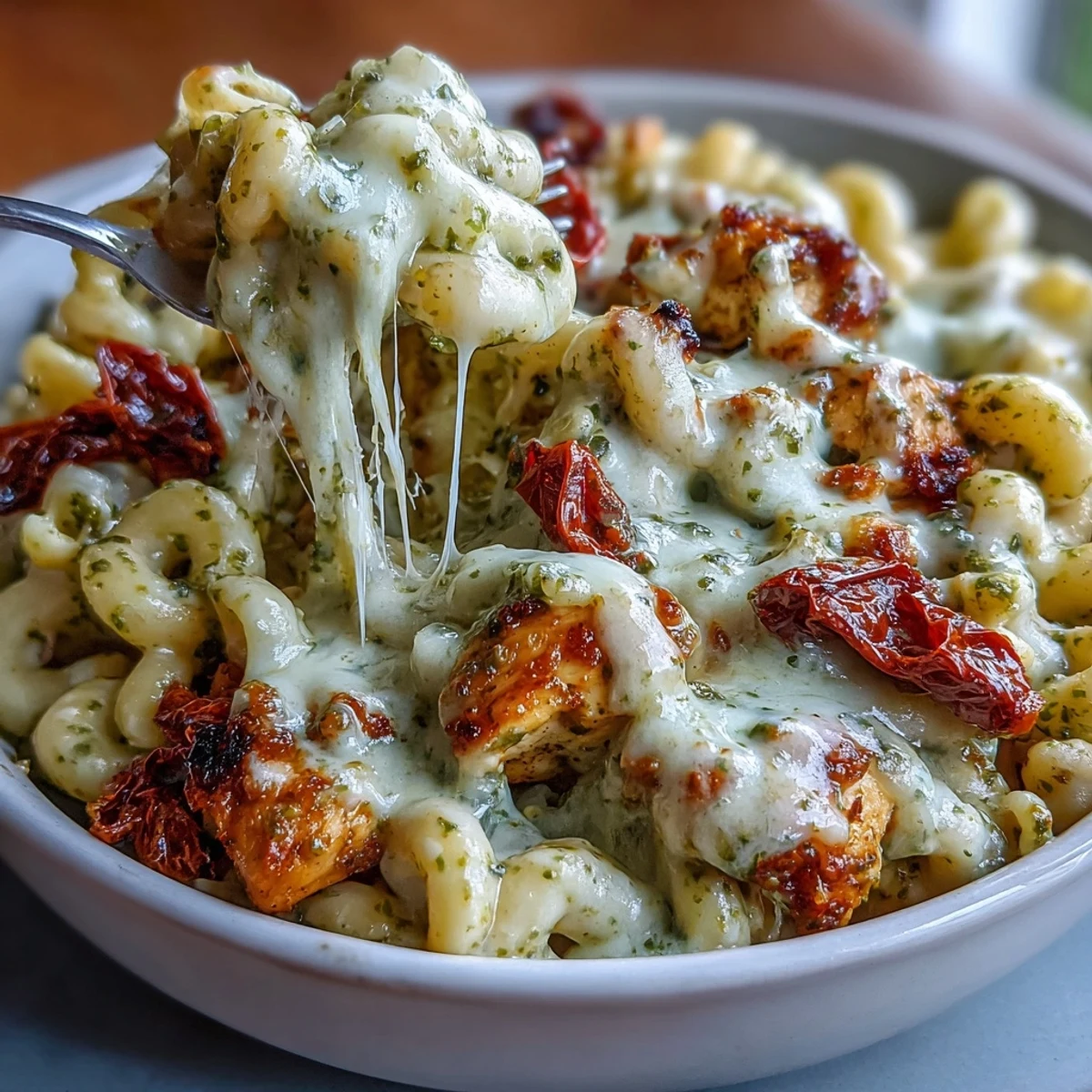 Hearty pesto chicken chili mac with browned chicken, elbow macaroni, and rich melted cheese for an Italian-American comfort meal.