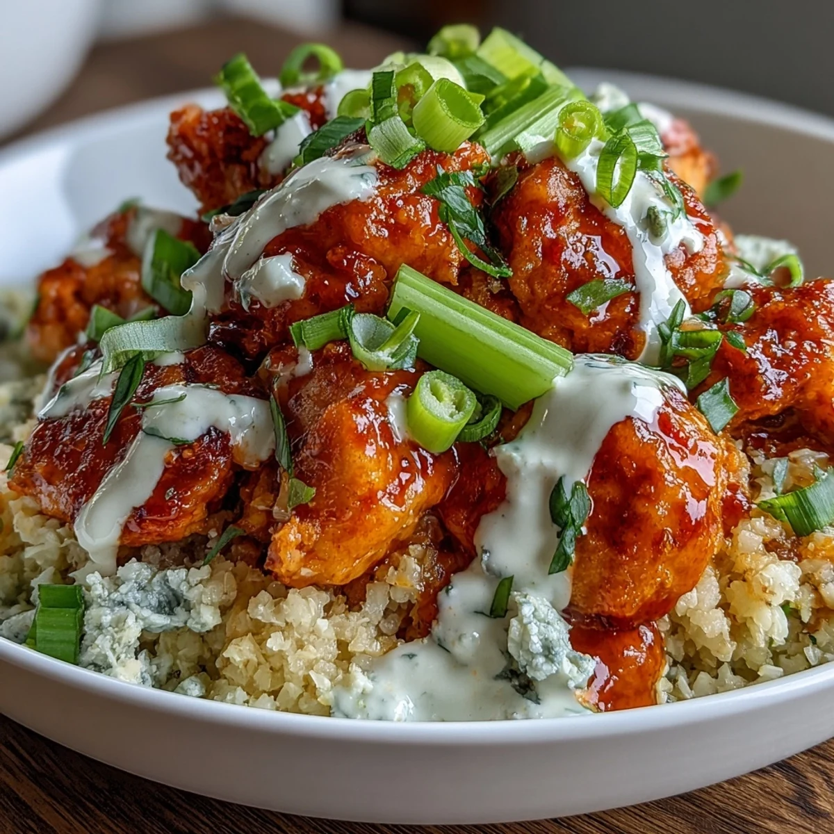 Low-carb buffalo chicken bowls featuring cauliflower rice, crisp vegetables, and creamy ranch drizzle for a flavorful keto-friendly lunch or dinner.