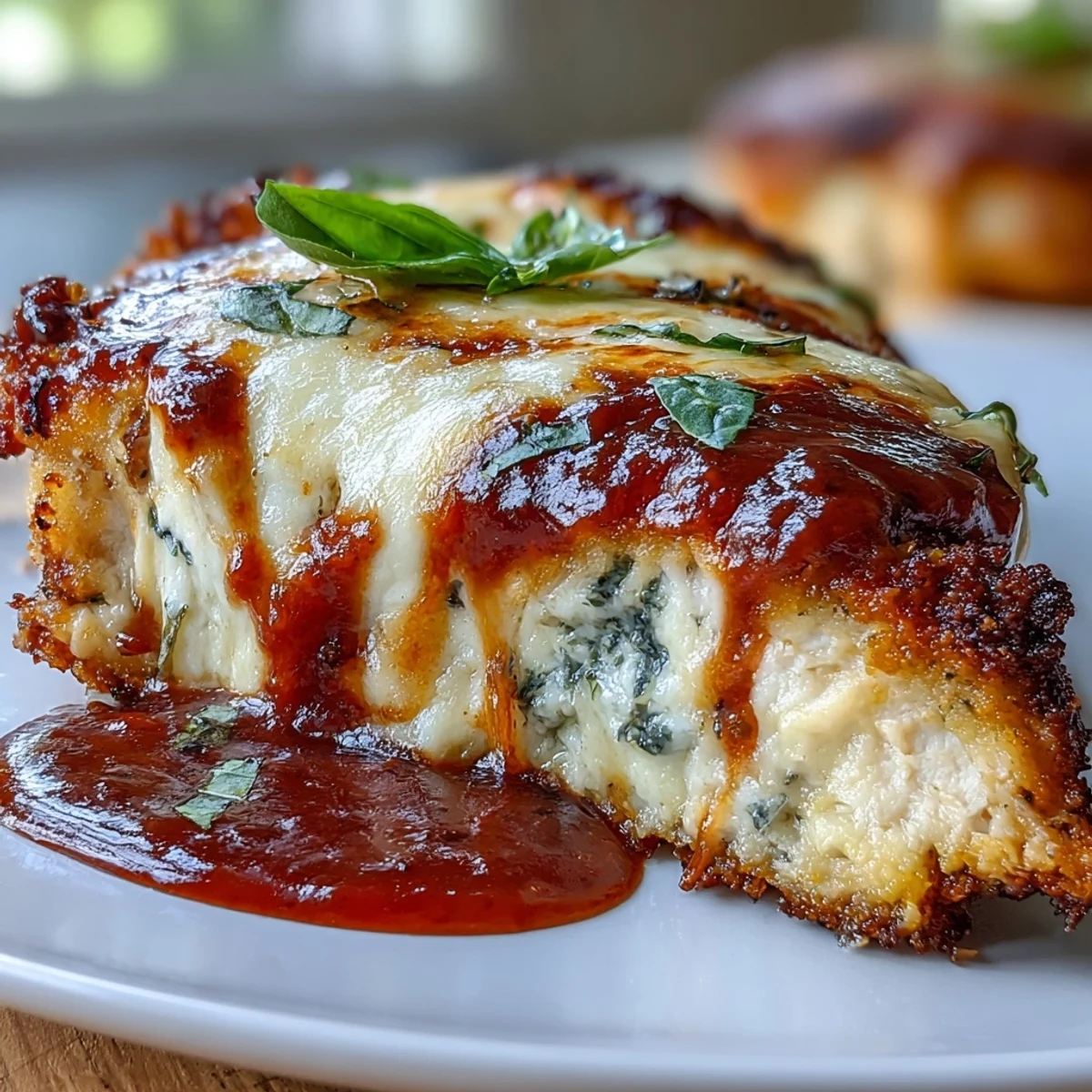 A golden baked chicken breast topped with marinara and melted mozzarella, served over fresh spiralized zucchini noodles for a healthy Italian-inspired dinner.