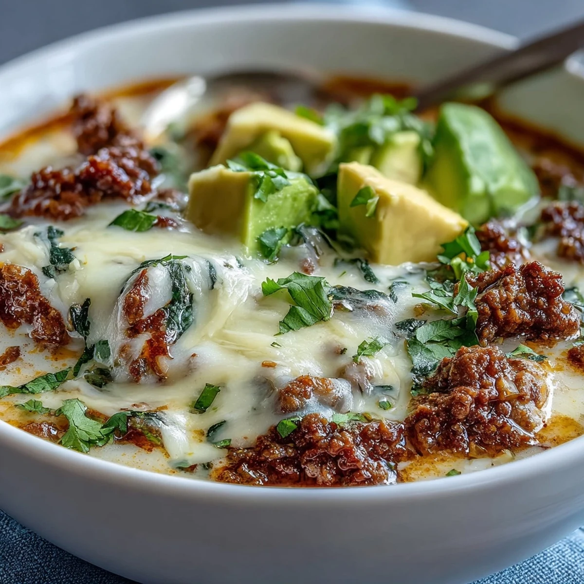A steaming bowl of keto taco soup topped with melted cheese, diced avocado, and fresh cilantro.  