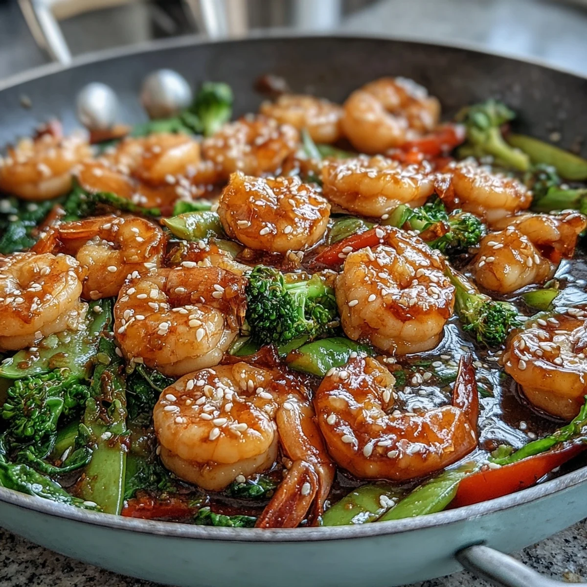 Vibrant 20-Minute Shrimp and Veggie Stir-Fry over cauliflower rice, with colorful bell peppers and crisp snap peas.  