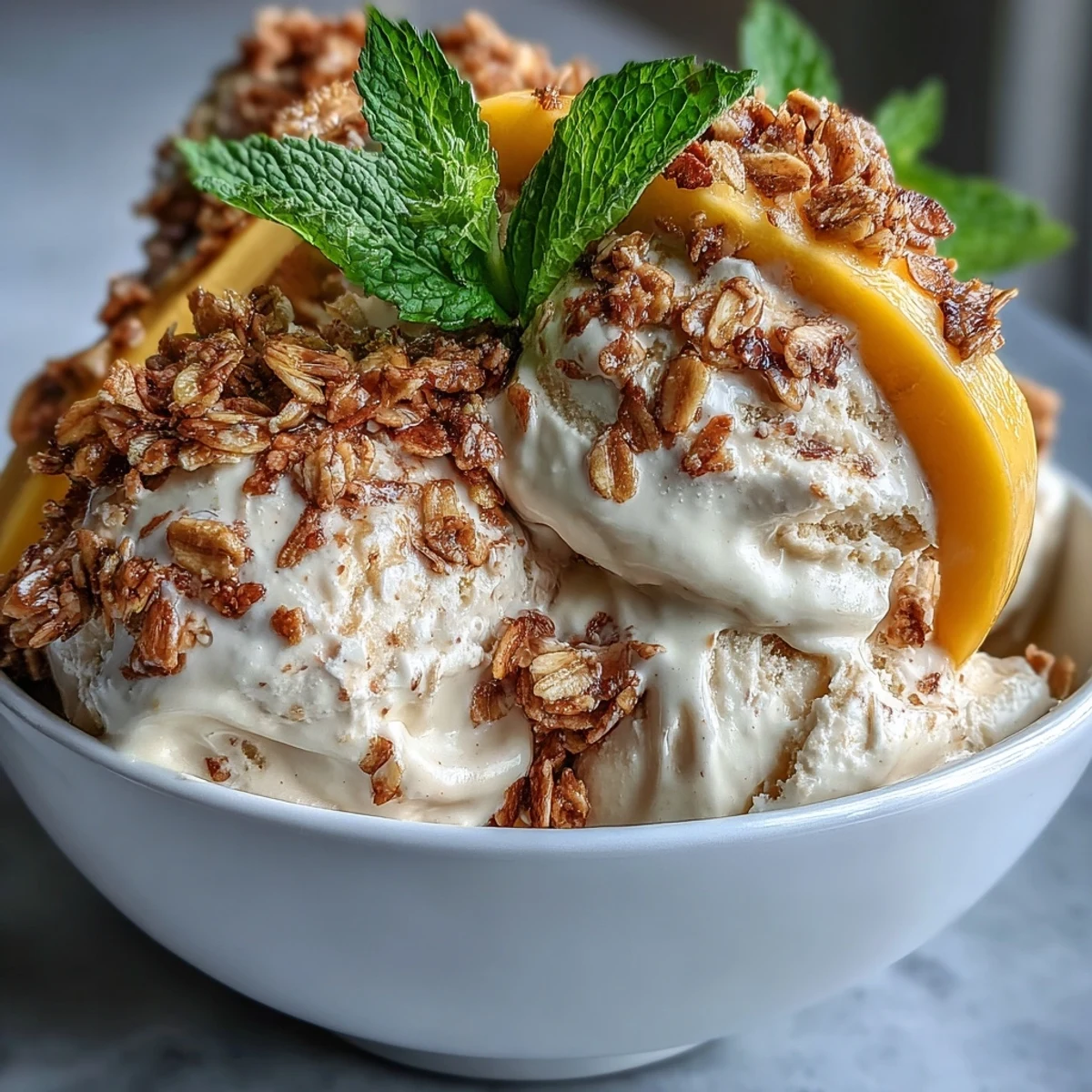 Creamy vegan mango coconut ice cream with toasted oats in a bowl, topped with fresh mango slices and mint leaves.  