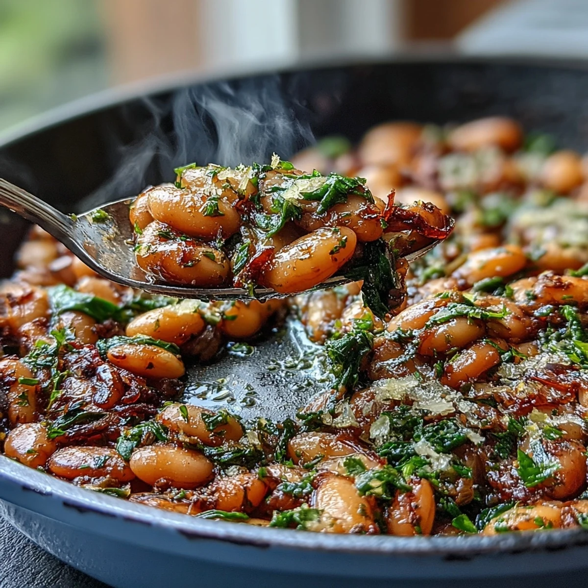 Golden cannellini beans simmered with garlic, lemon, and spinach in a single skillet for a quick, flavorful vegan meal.  