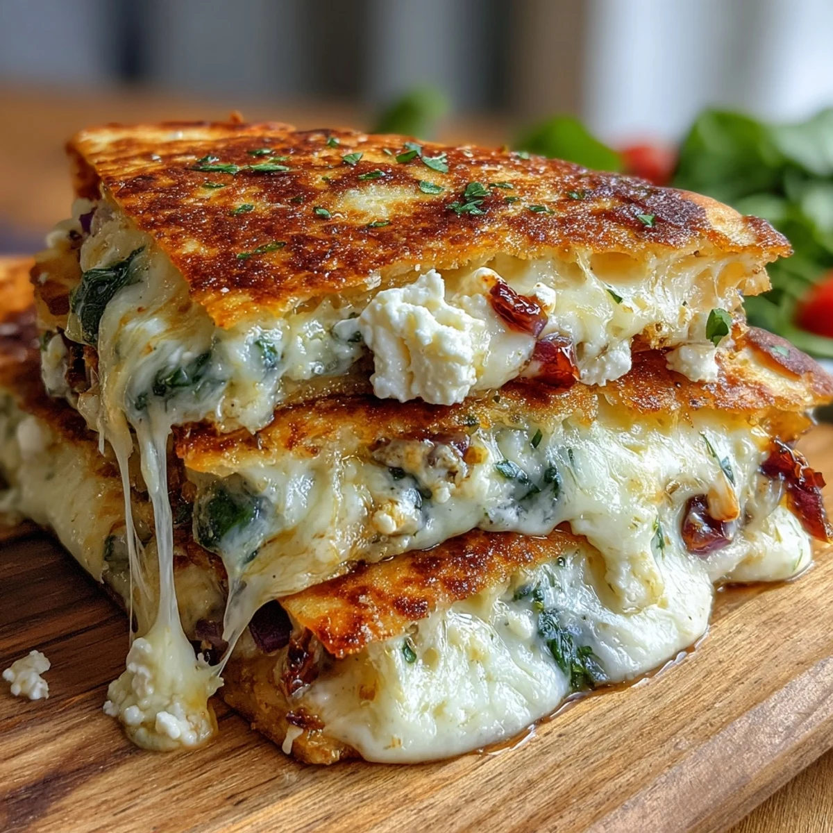 Mediterranean quesadillas filled with sautéed spinach, feta, mozzarella, and red onions, golden and crisp on the outside.  