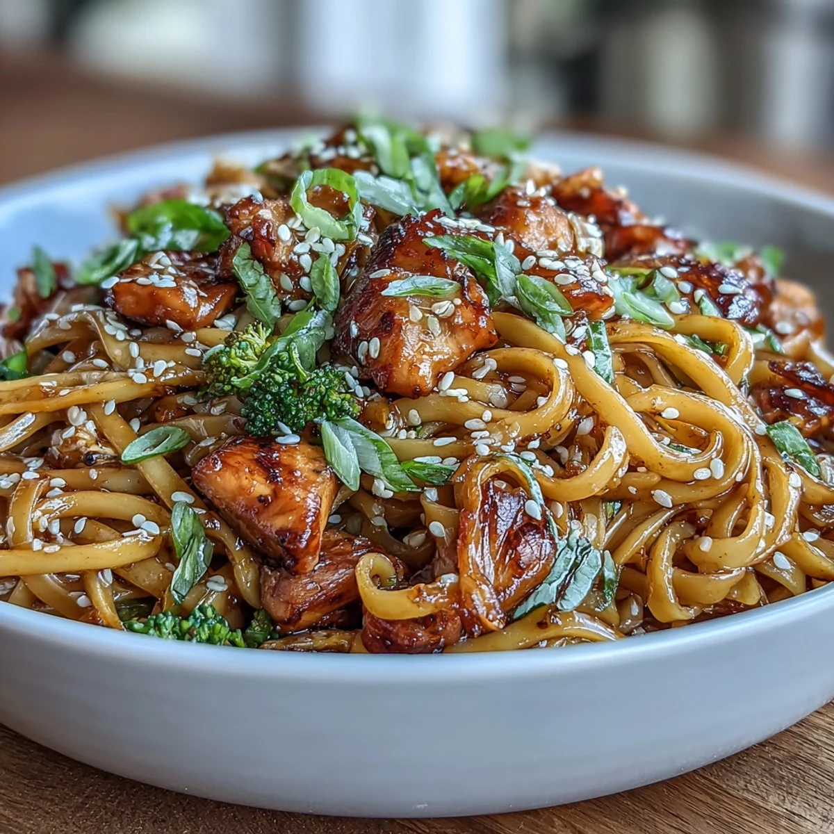 Golden chicken and vegetables tossed in sticky garlic sauce over steaming egg noodles, garnished with green onions.