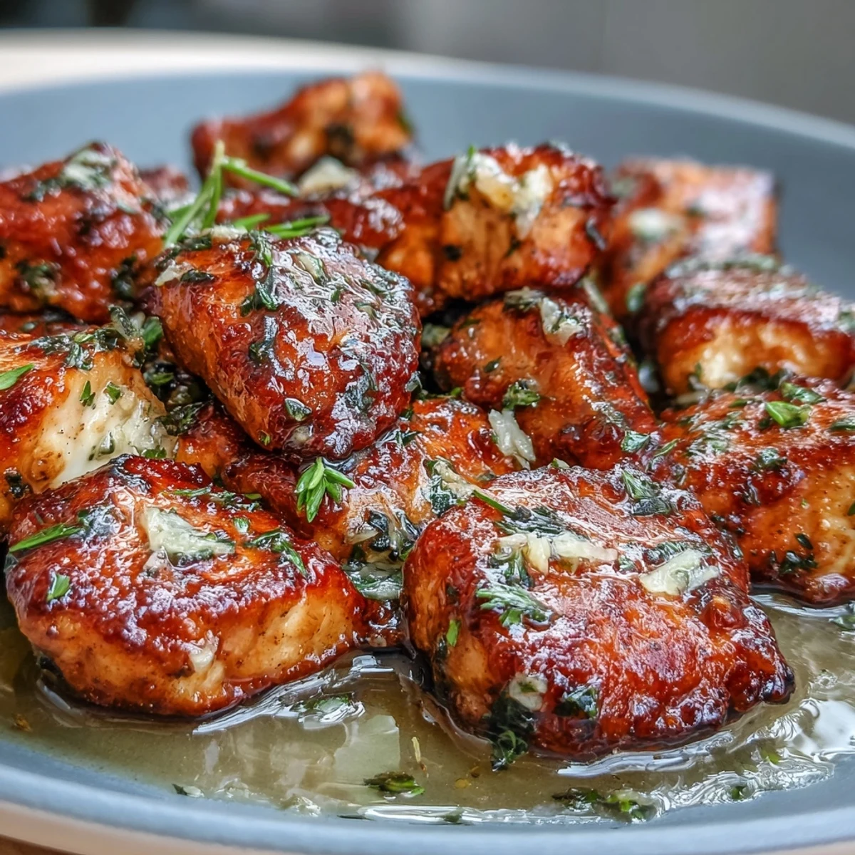 Tender chicken bites coated in rich cowboy butter sauce, garnished with fresh parsley and lemon zest.  