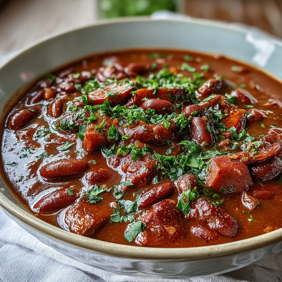 Hearty Ham and Red Bean Soup in a rustic pot with smoky ham and creamy beans.  