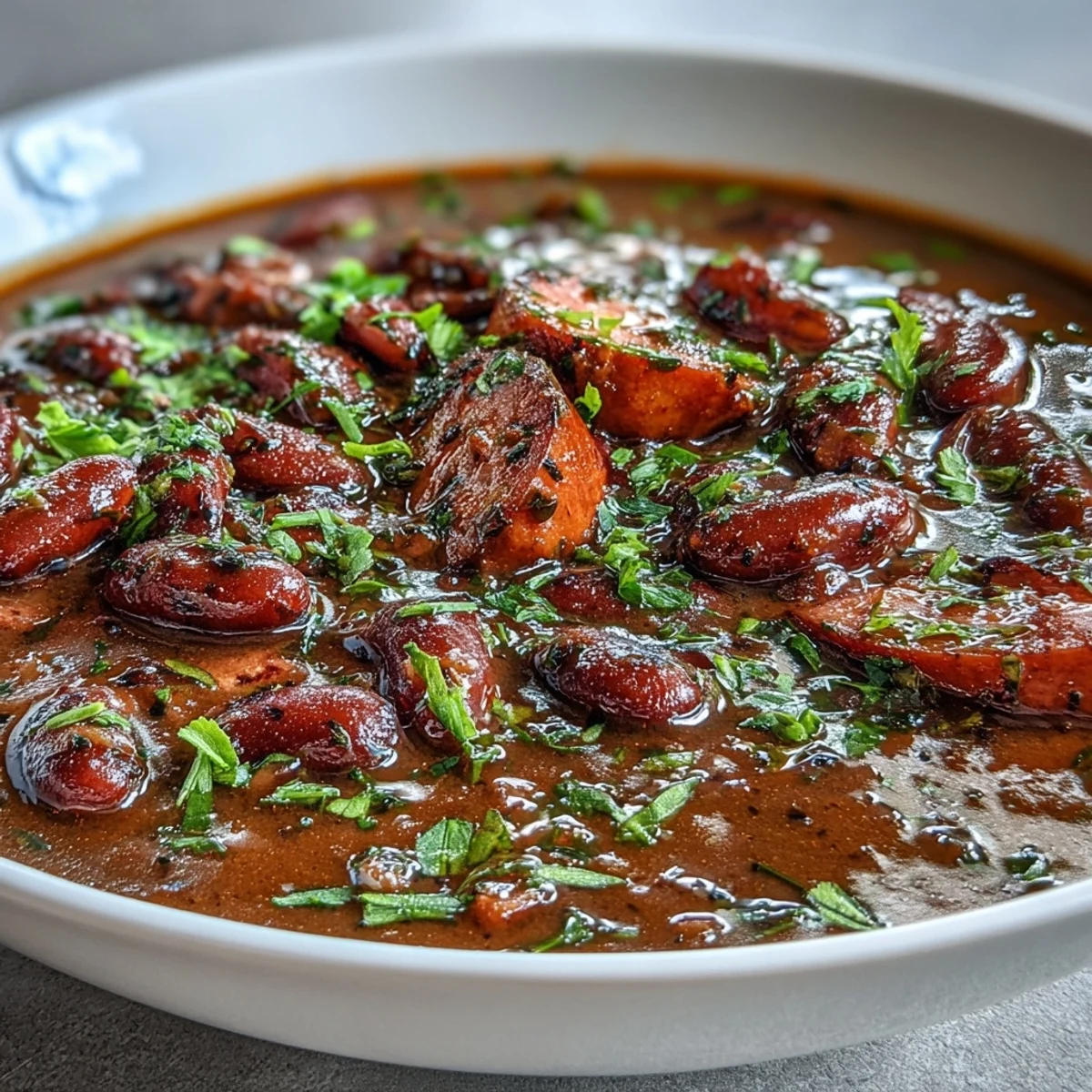 Warm bowl of Ham and Red Bean Soup garnished with green onions and parsley.  