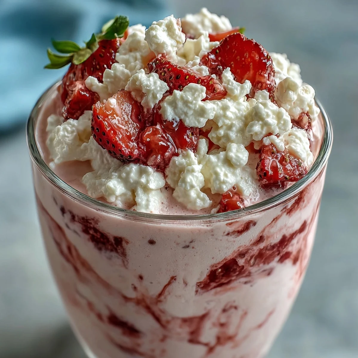 Velvety cottage cheese strawberry smoothie made with juicy strawberries and creamy cottage cheese, ideal for post-workout recovery or a nutritious treat.
