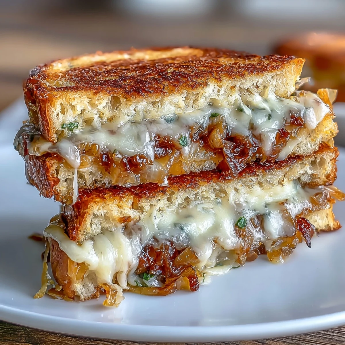 Decadent sourdough grilled cheese with caramelized onions and Gruyère, golden and melty with a crisp crust.