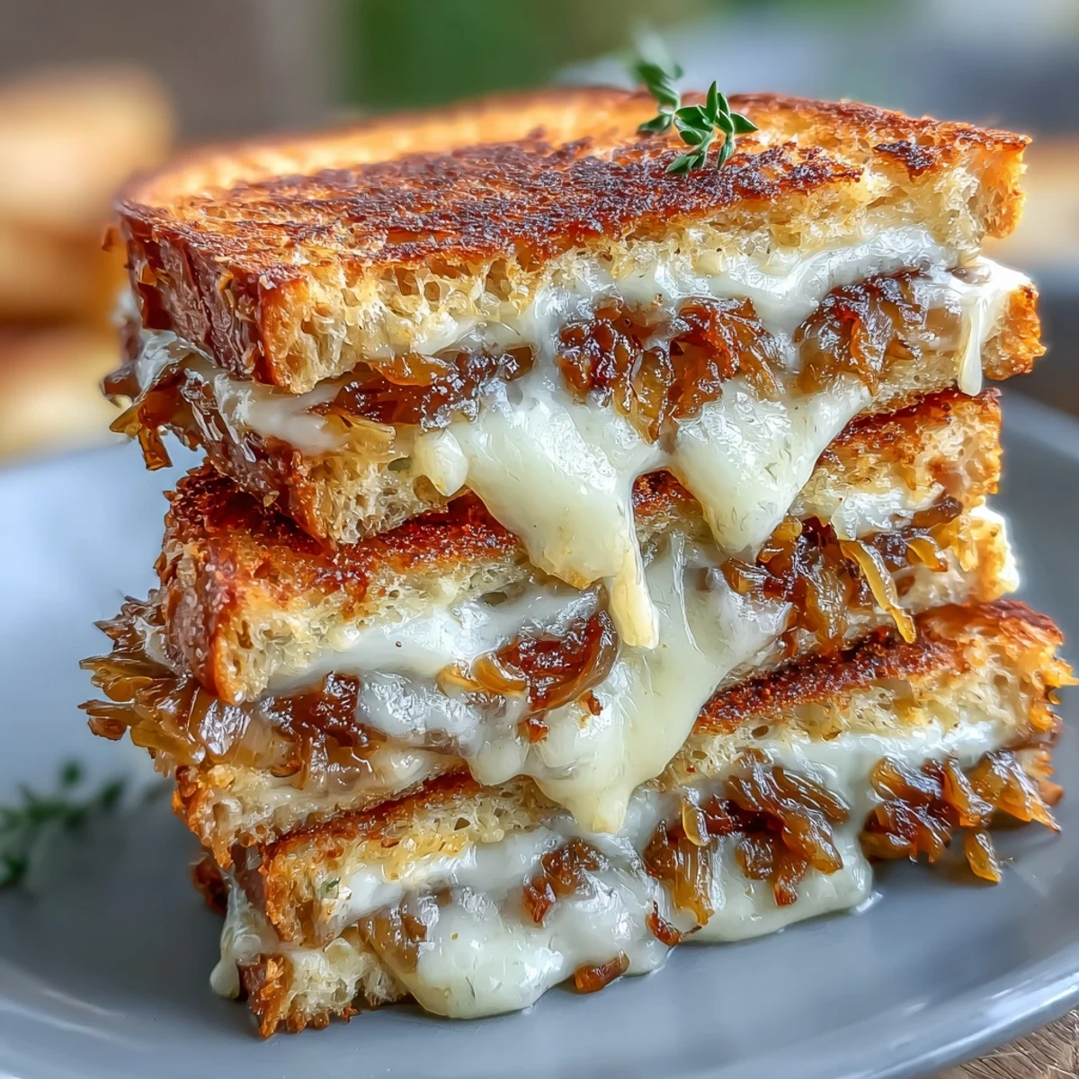 Rich French onion grilled cheese on sourdough, featuring sweet caramelized onions and bubbling Gruyère cheese.