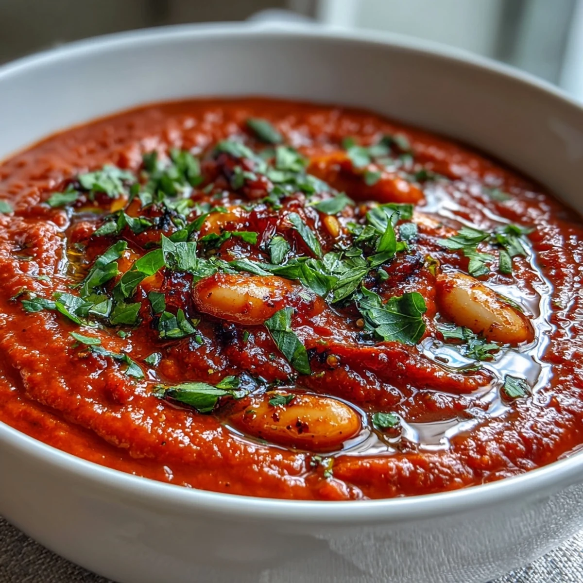 Creamy roasted red pepper and white bean soup served with crusty bread for dipping.  