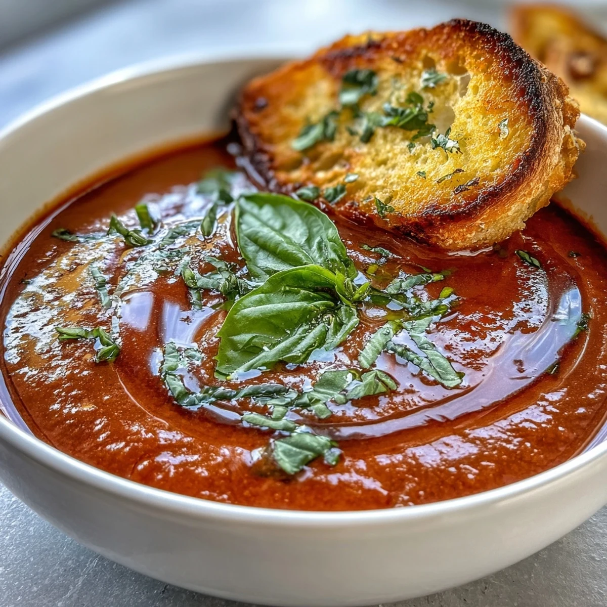 Velvety tomato soup infused with aromatic basil, served alongside golden sourdough bread slices for a comforting meal.  