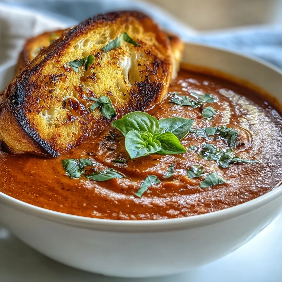 Rich, smooth tomato basil soup topped with herbs, paired with buttery, garlic-rubbed sourdough bread dippers.